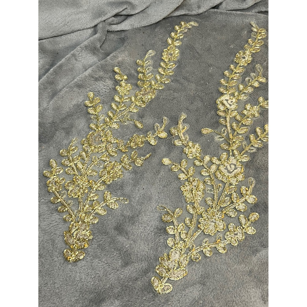 Pair Gold Floral Lace Appliques Metallic Embroidered Tulle Bridal Gown Trim 16"